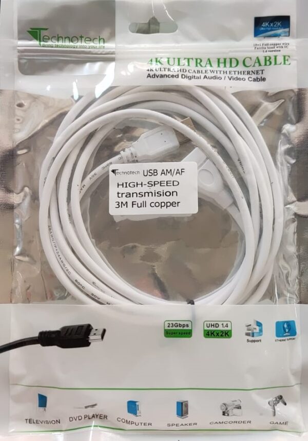 Cable 3 m USB Extension Cable 3mtr (Compatible with Computer, LED TV, Projector, TV, Gaming Console, Pendrive, White)